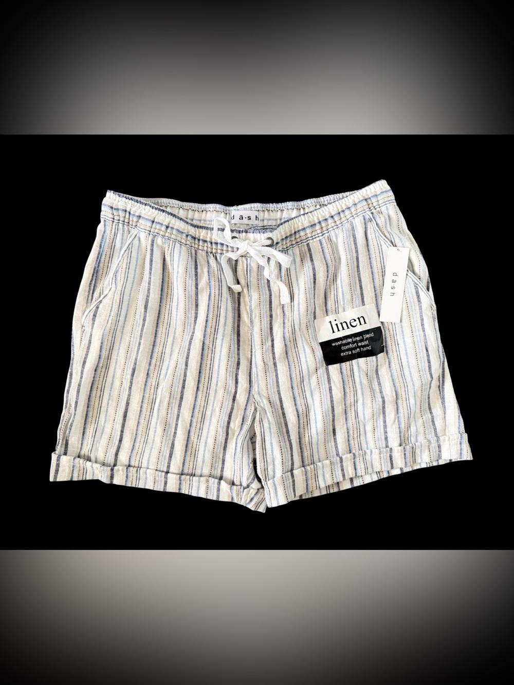 da-sh Washable Linen 4 Pocket Drawstring Cuffed Shorts in Blue/White/Beige Sz M